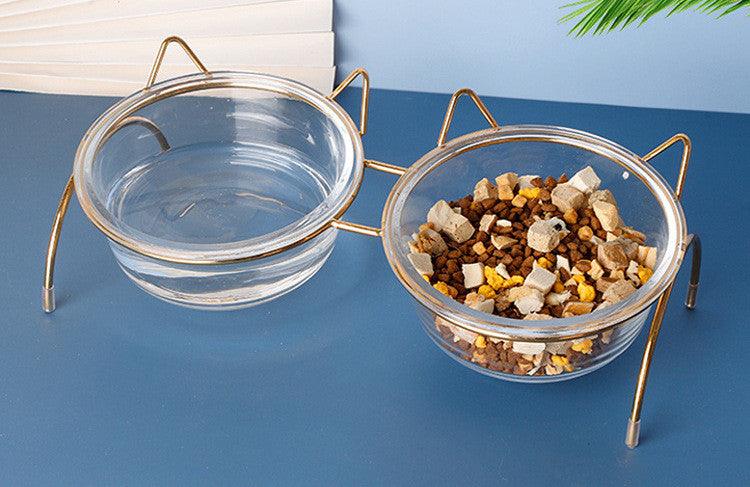Sparkling Glass Cat Bowl With Elevated Metal Rack