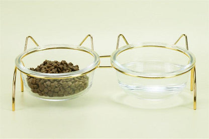 Sparkling Glass Cat Bowl With Elevated Metal Rack
