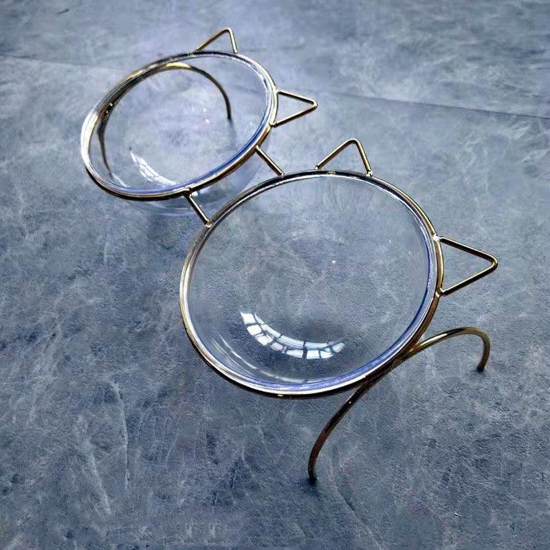 Sparkling Glass Cat Bowl With Elevated Metal Rack