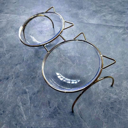 Sparkling Glass Cat Bowl With Elevated Metal Rack
